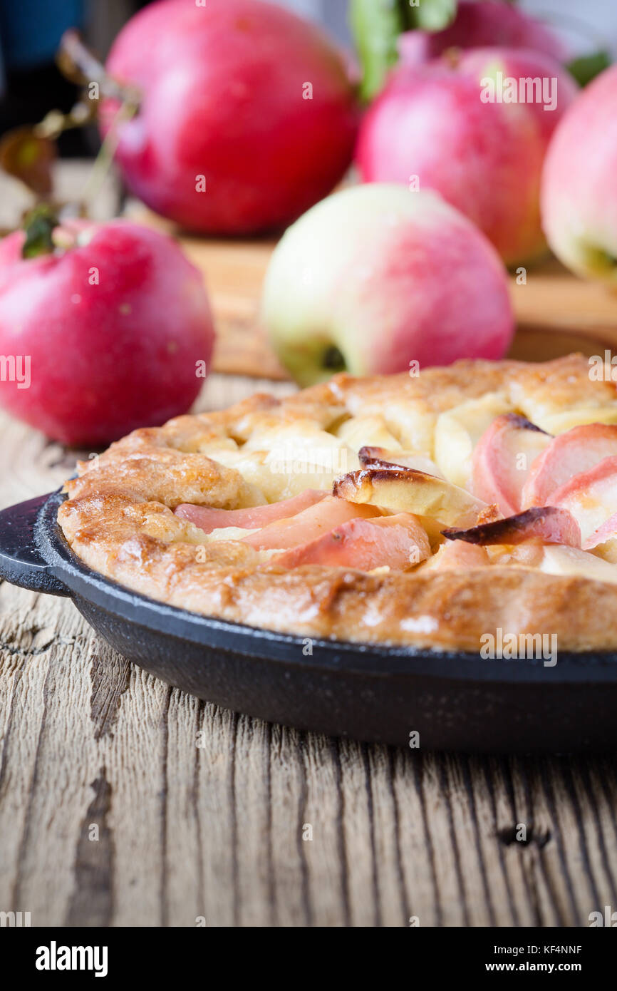 Homemade apple pie cooked in cast iron skillet and ripe apples on