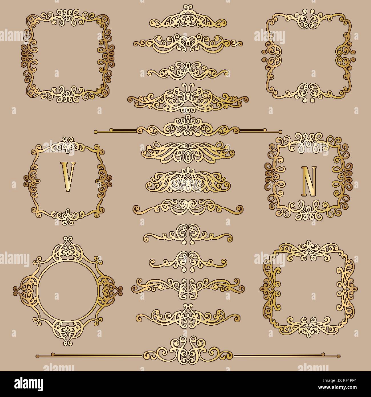 Big set of gold vintage styled calligraphic frames and flourishes ...