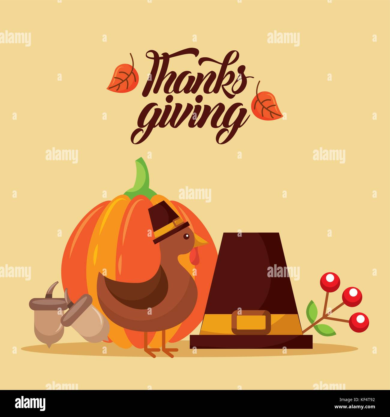 thanksgiving card invitation turkey hat pumpkin acorn Stock Vector ...
