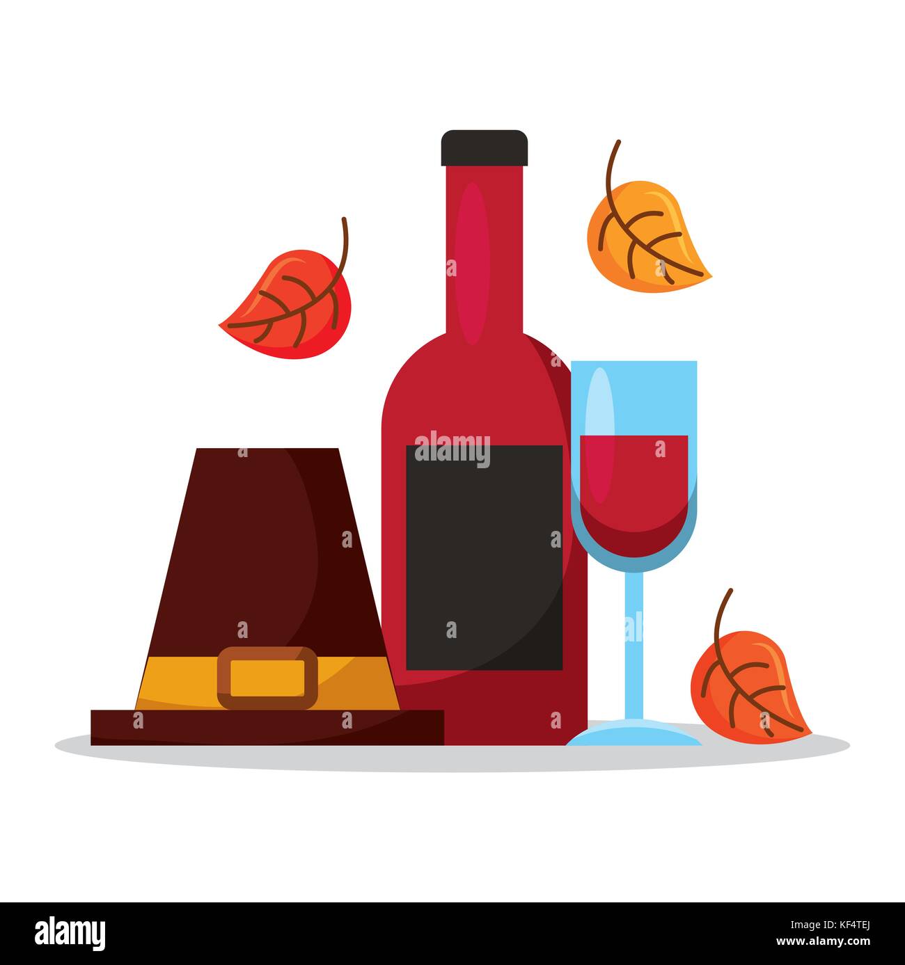 pilgrim hat with wine bottle glass and autumn leaves Stock Vector