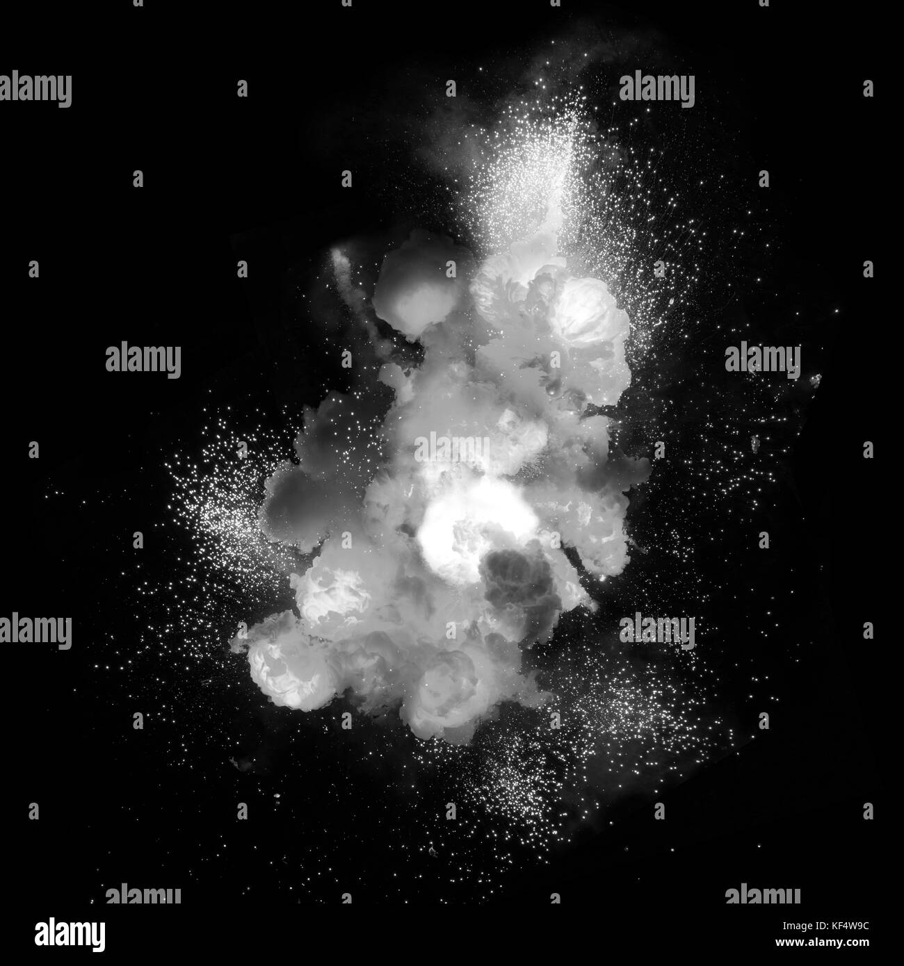 White explosion on the black background. Fireball explosion. Bomb detonation. Stock Photo