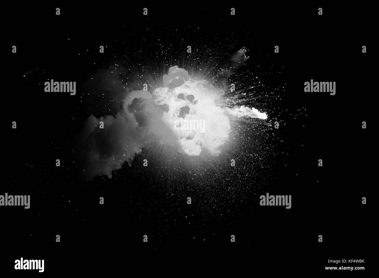 White explosion on the black background. Fireball explosion. Bomb detonation. Stock Photo