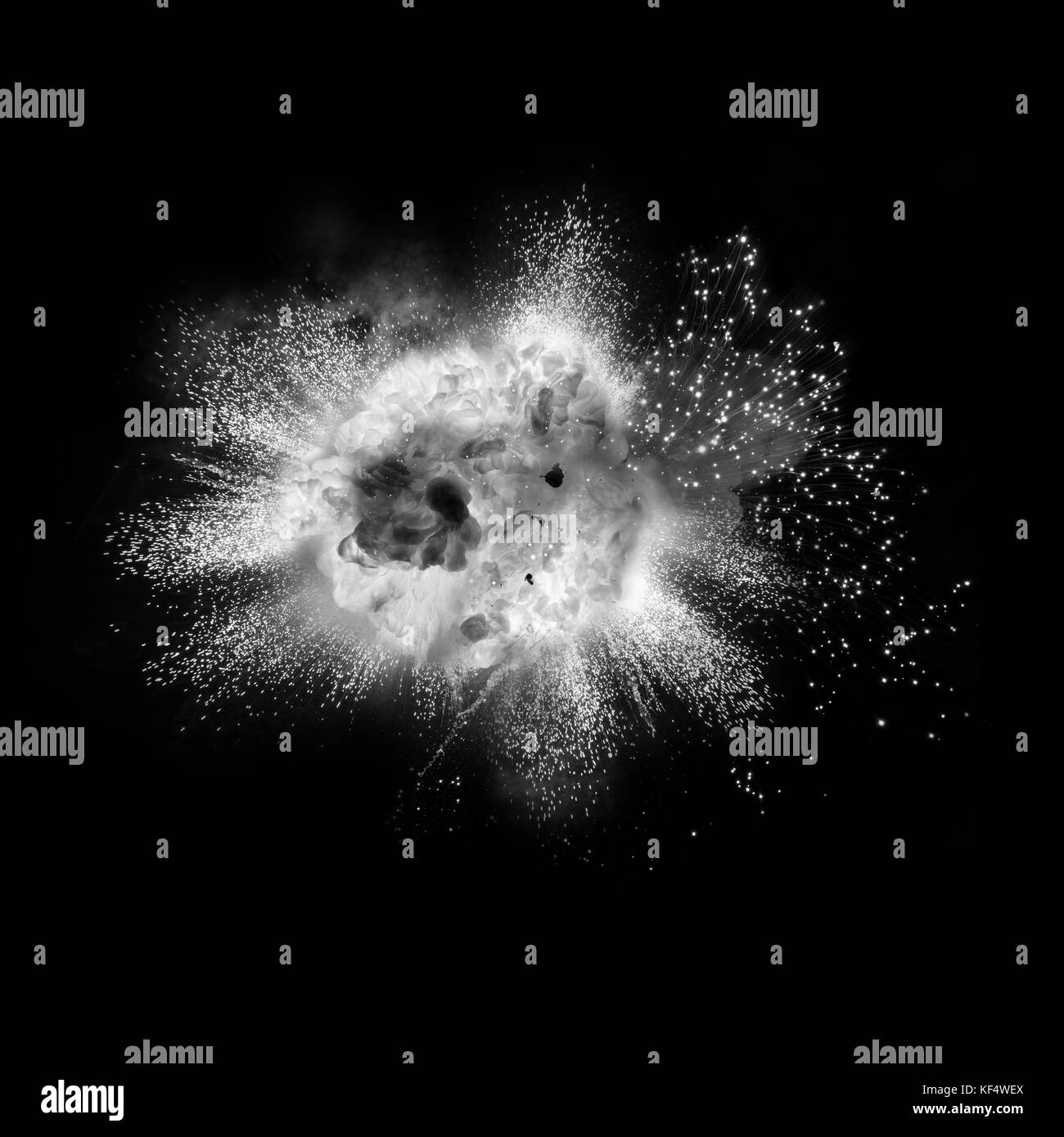 White explosion on the black background. Fireball explosion. Bomb detonation. Stock Photo