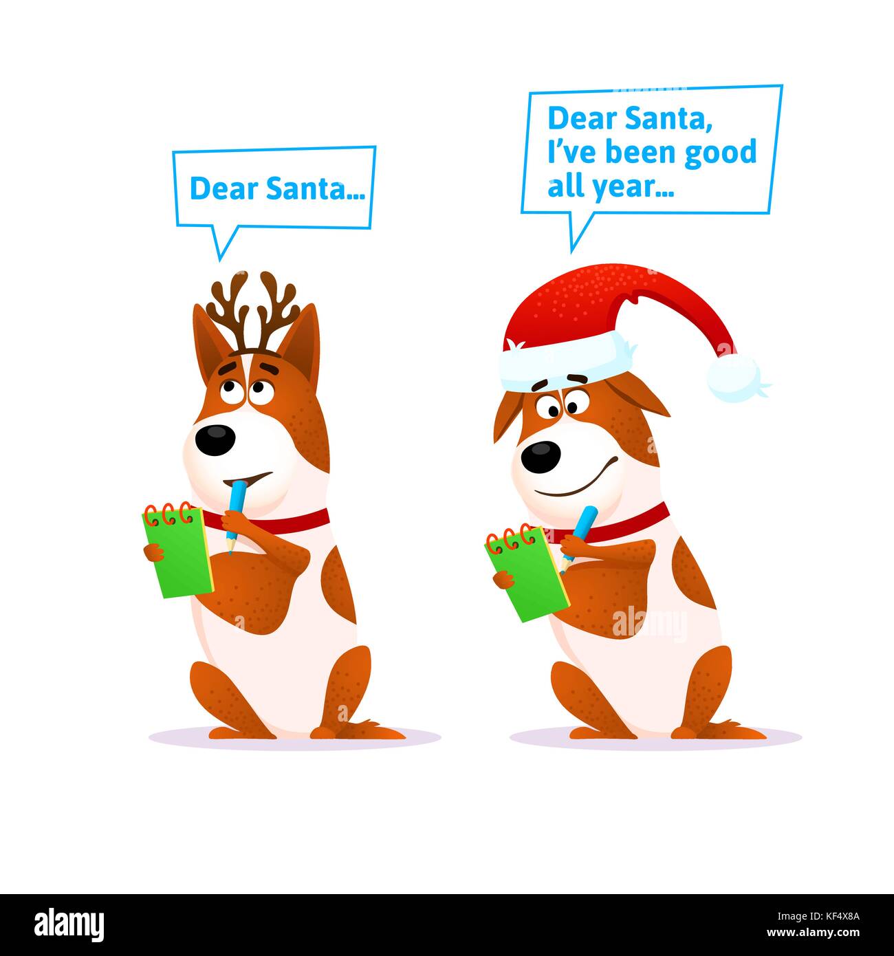 Funny cartoon dog set. Xmas flat character wearing deer horns and Santa hat writes a letter to Santa Claus Terrier with pencil and notepad. Christmas vector illustration for Christmas or New Year Funny cartoon dog set. Xmas flat character wearing deer horns and Santa hat writes a letter to Santa Claus Terrier with pencil and notepad. Christmas vector illustration for Christmas or New Year