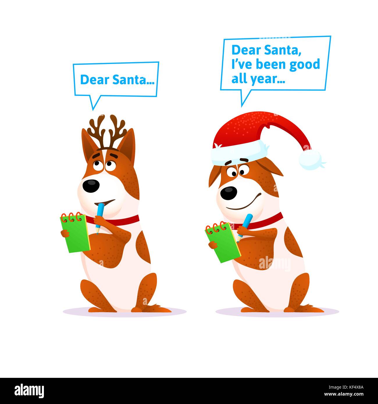 Funny cartoon dog set. Xmas flat character wearing deer horns and Santa hat writes a letter to Santa Claus Terrier with pencil and notepad. Christmas vector illustration for Christmas or New Year 2018 Stock Vector