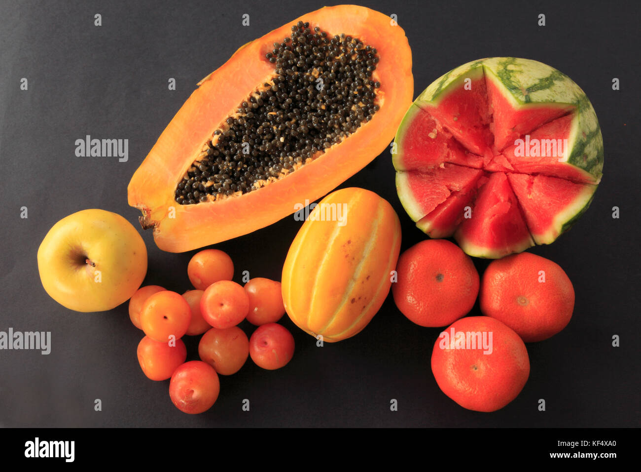 Fruits, apple, plum, papaya, korean melon, watermelon, mandarin Stock