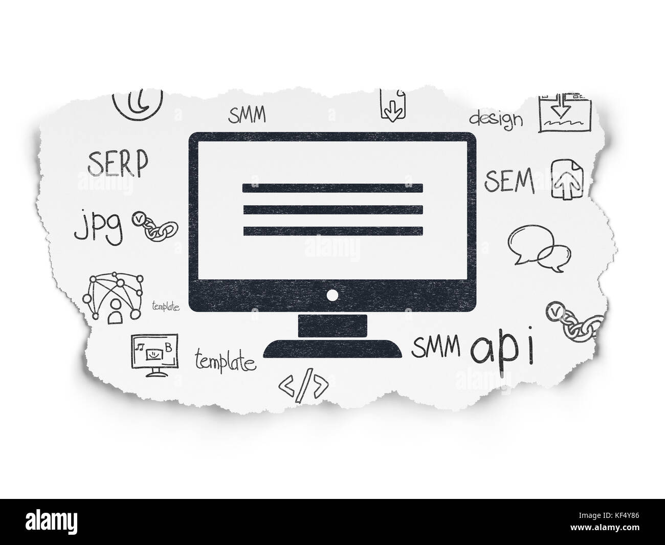 Web development concept: Monitor on Torn Paper background Stock Photo