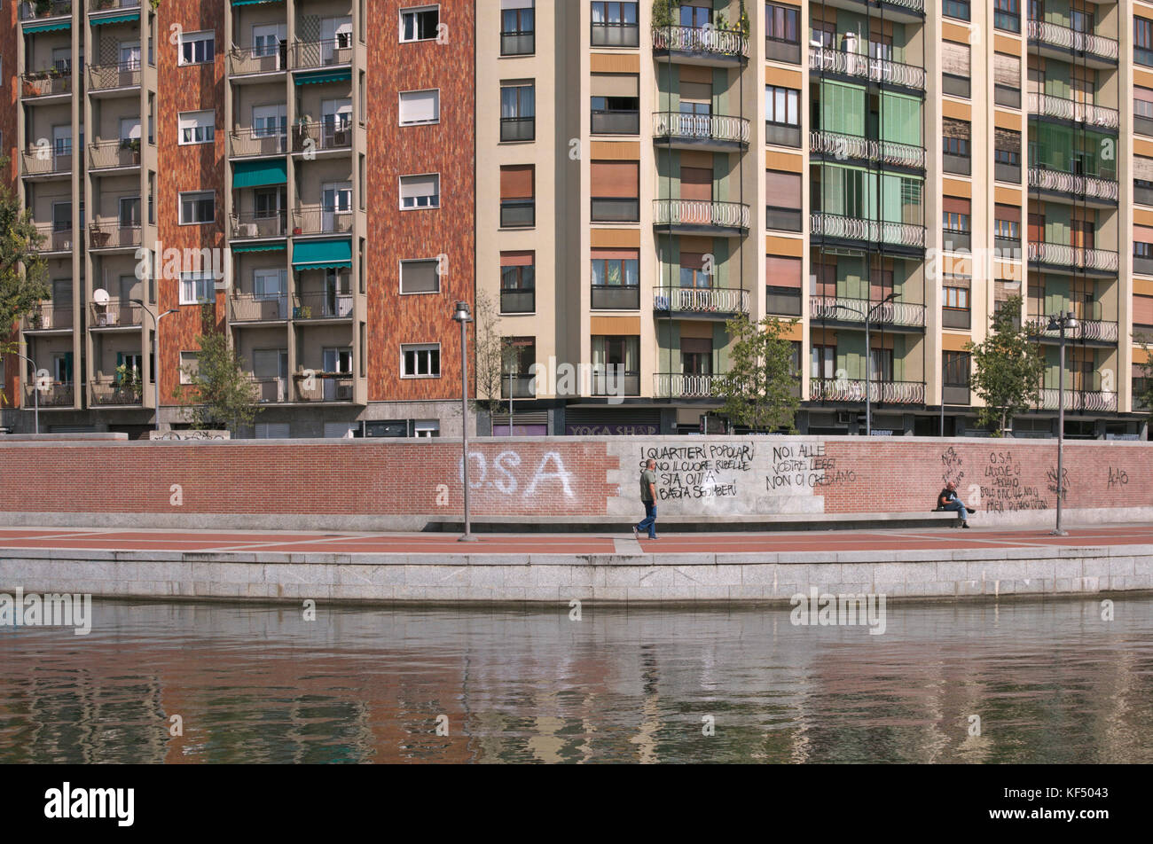 apartments block in Darsena, renovated Navigli area, Milan, Italy Stock
