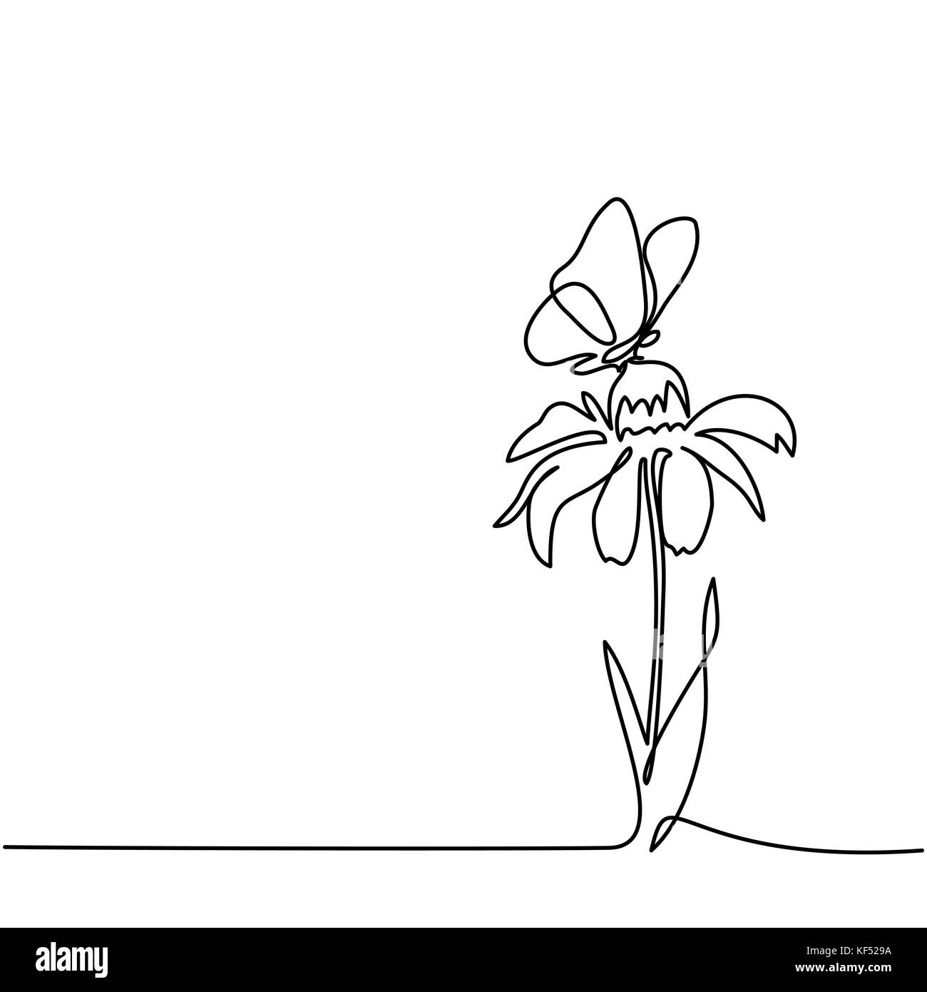 Beautiful flower Echinacea with butterfly. Continuous line drawing. Vector illustration Stock Vector