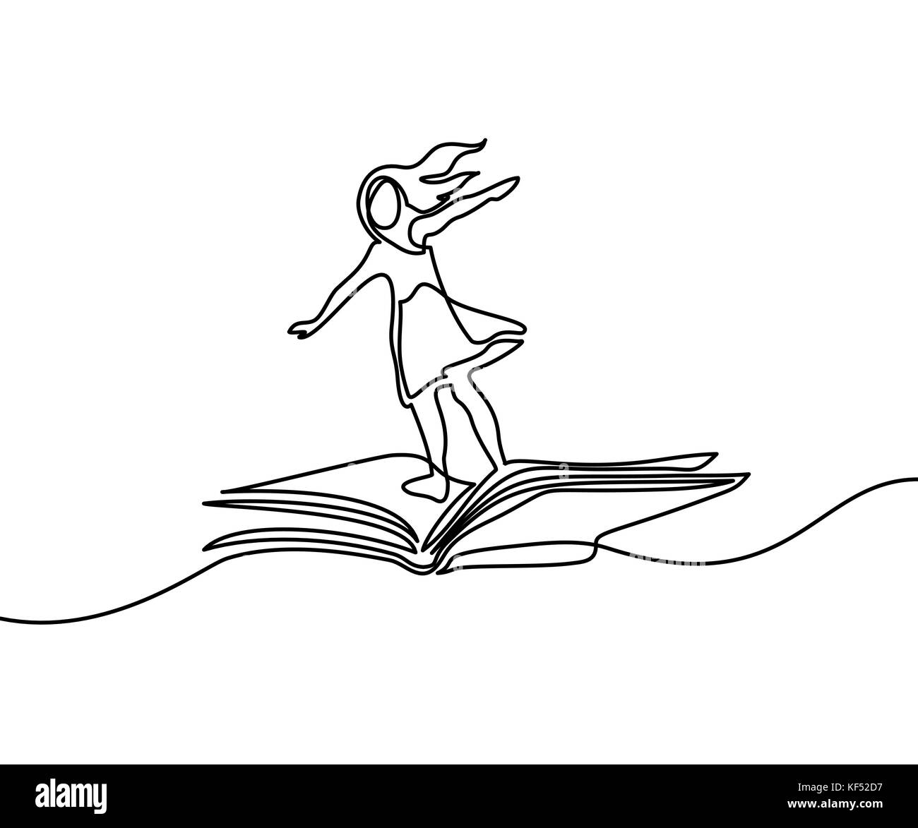 Little girl flying on book in the sky. Vector illustration. Continuous line drawing Stock Vector