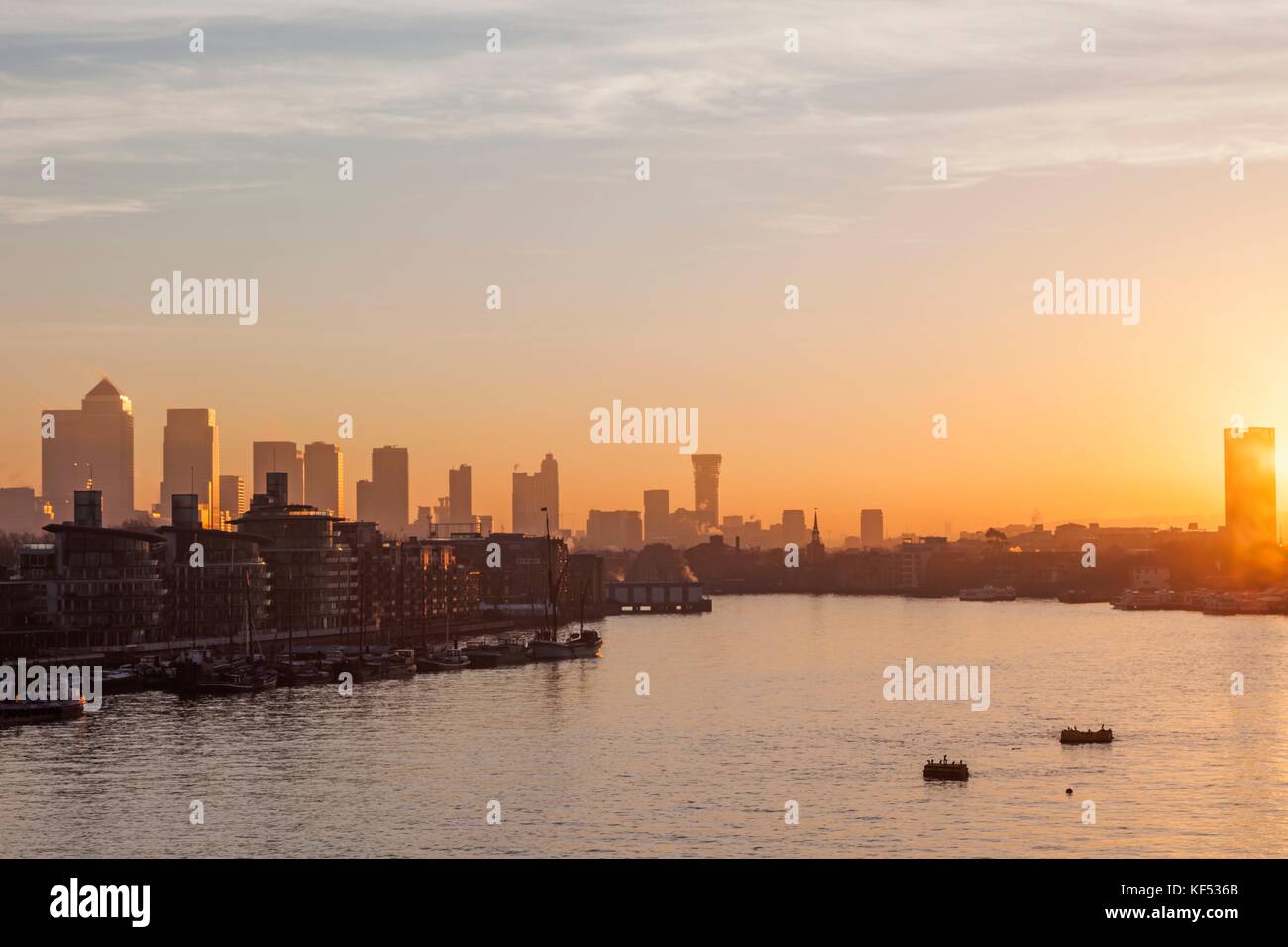 England, London, Sunrise Over Docklands and Canary Wharf Stock Photo ...
