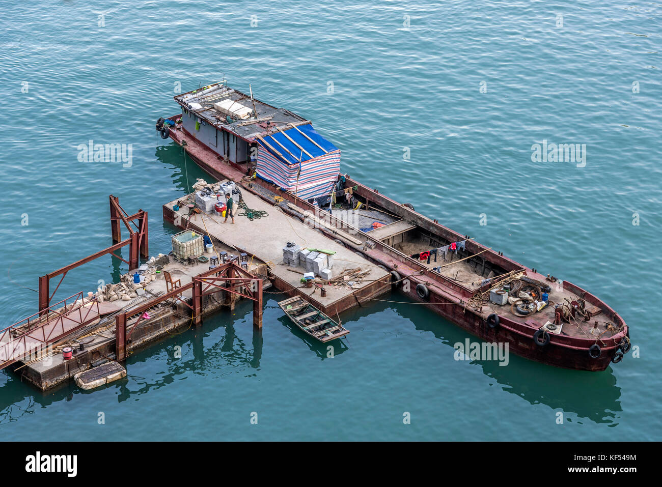 Vietnam, Ha Long Bay, barge for construction works (UNESCO World Heritage) Stock Photo