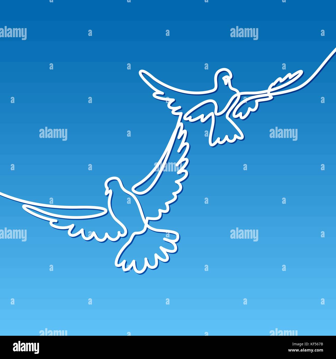 Continuous one line drawing. Flying two pigeons logo. White on blue