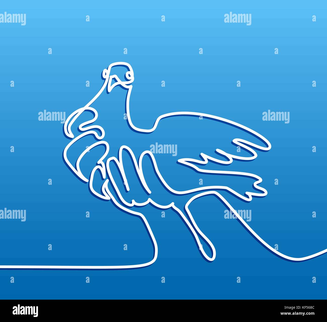 Continuous one line drawing. Pigeon in hands logo. Two doves logo. White on blue gradient background. Concept for logo, card, banner, poster, flyer Stock Vector