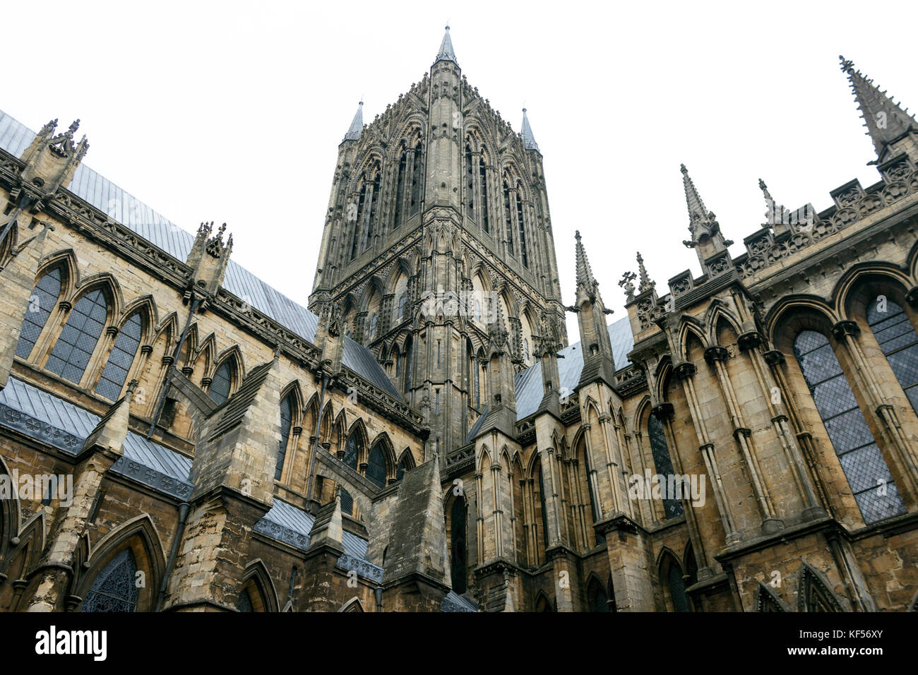 Englands East Midlands Lincolnshire, Medieval Lincoln Cathedral and Gothic Exterior, Religious Practice, City of Lincoln, Historic Site, Worship Stock Photo