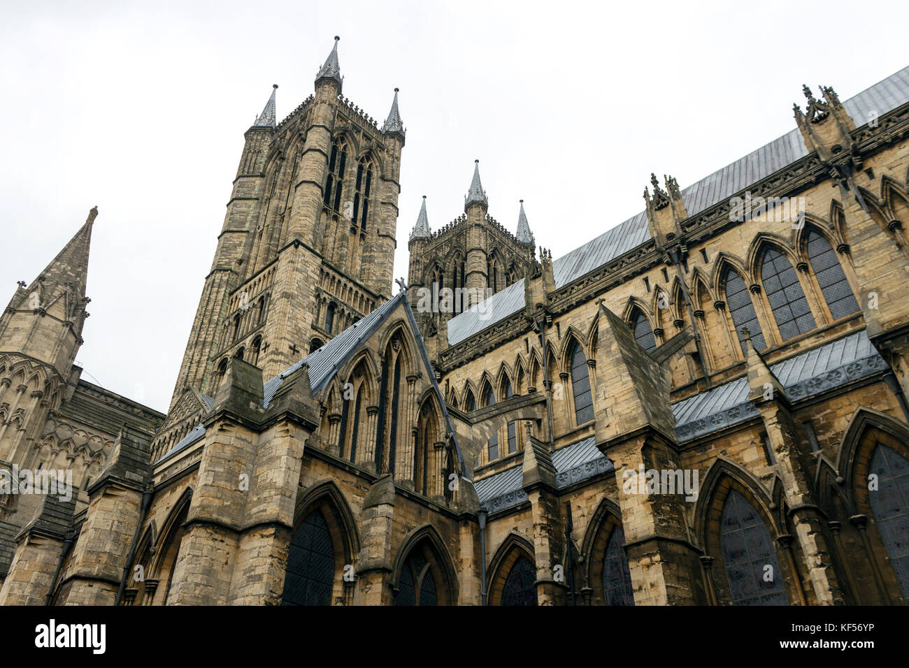 Englands East Midlands Lincolnshire, Medieval Lincoln Cathedral and Gothic Exterior, Religious Practice, City of Lincoln, Historic Site, Worship Stock Photo