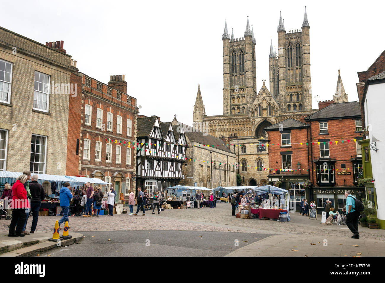 Englands East Midlands Lincolnshire, Medieval Lincoln Cathedral and Lincoln Market, Historic Site, Marketplace, Medieval Architecture, Castle Hill Stock Photo