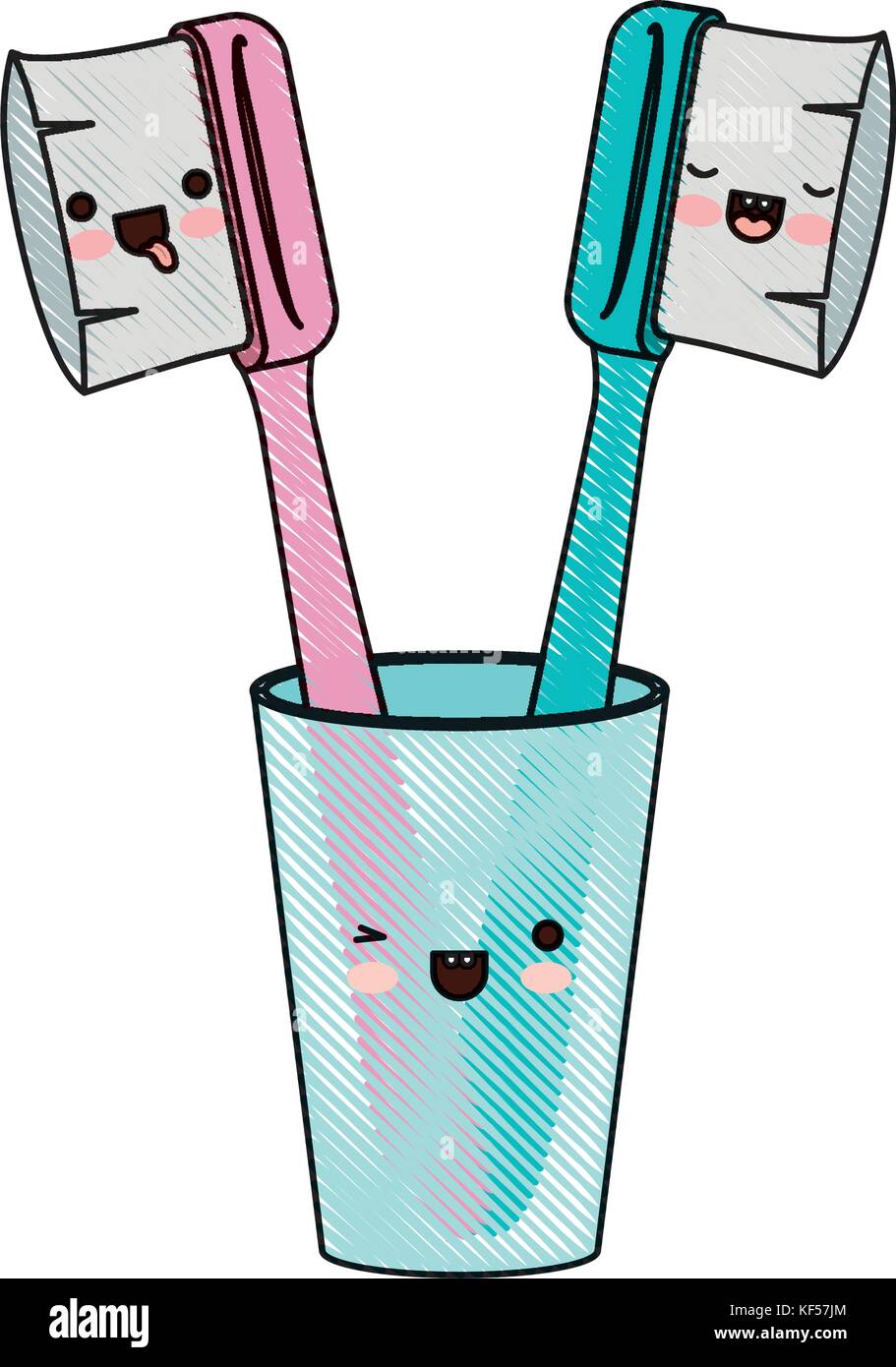 glass with male and female toothbrush kawaii in colored crayon ...
