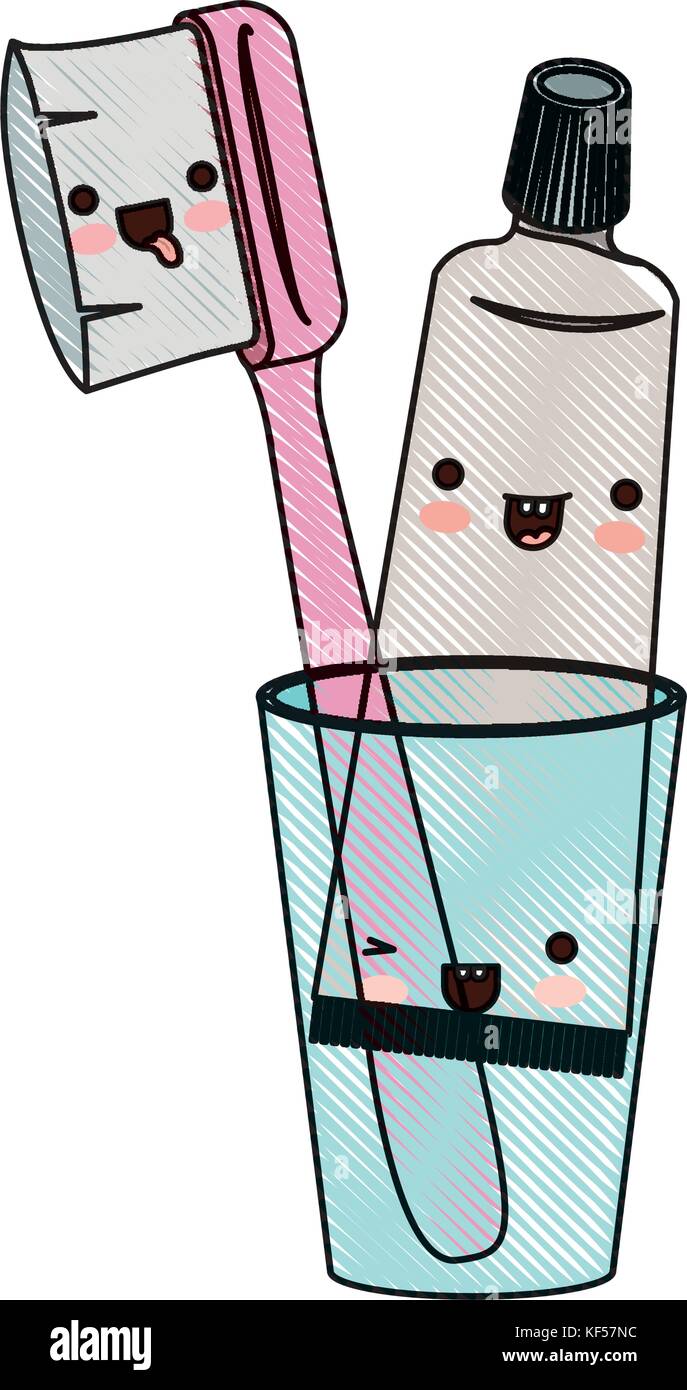 glass with toothpaste and toothbrush female kawaii in colored crayon ...