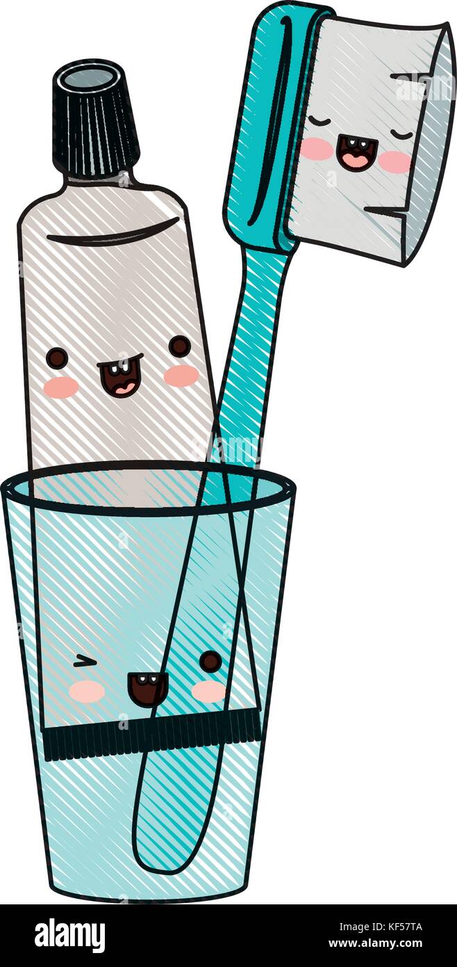 glass with toothpaste and toothbrush male kawaii in colored crayon ...