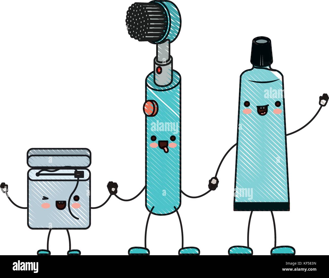 cartoon dental floss and electric toothbrush and toothpaste holding ...