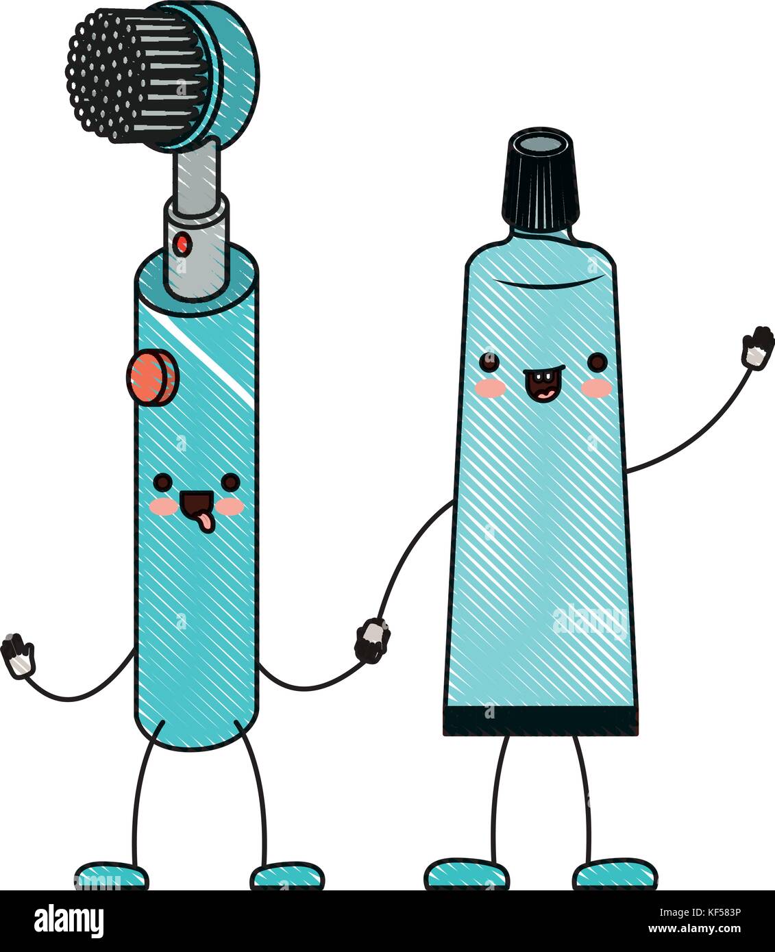 electric toothbrush and toothpaste holding hands in colored crayon ...