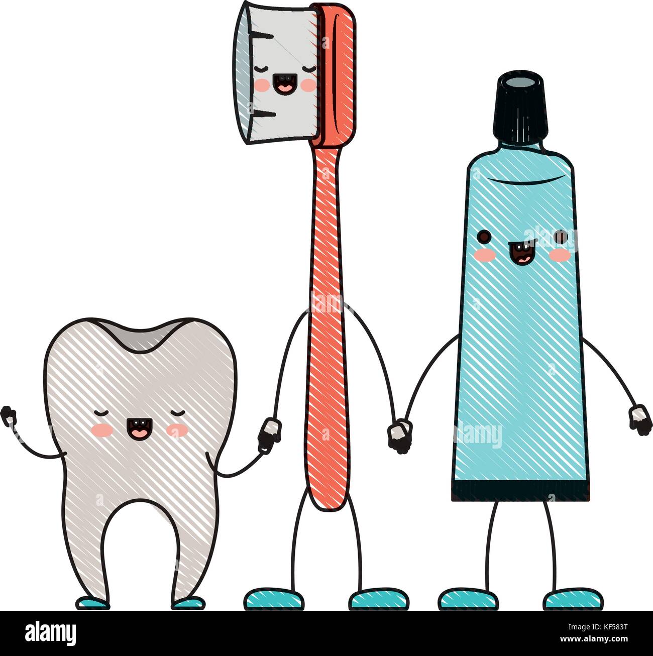 tooth and toothbrush and toothpaste in cartoon holding hands in colored ...