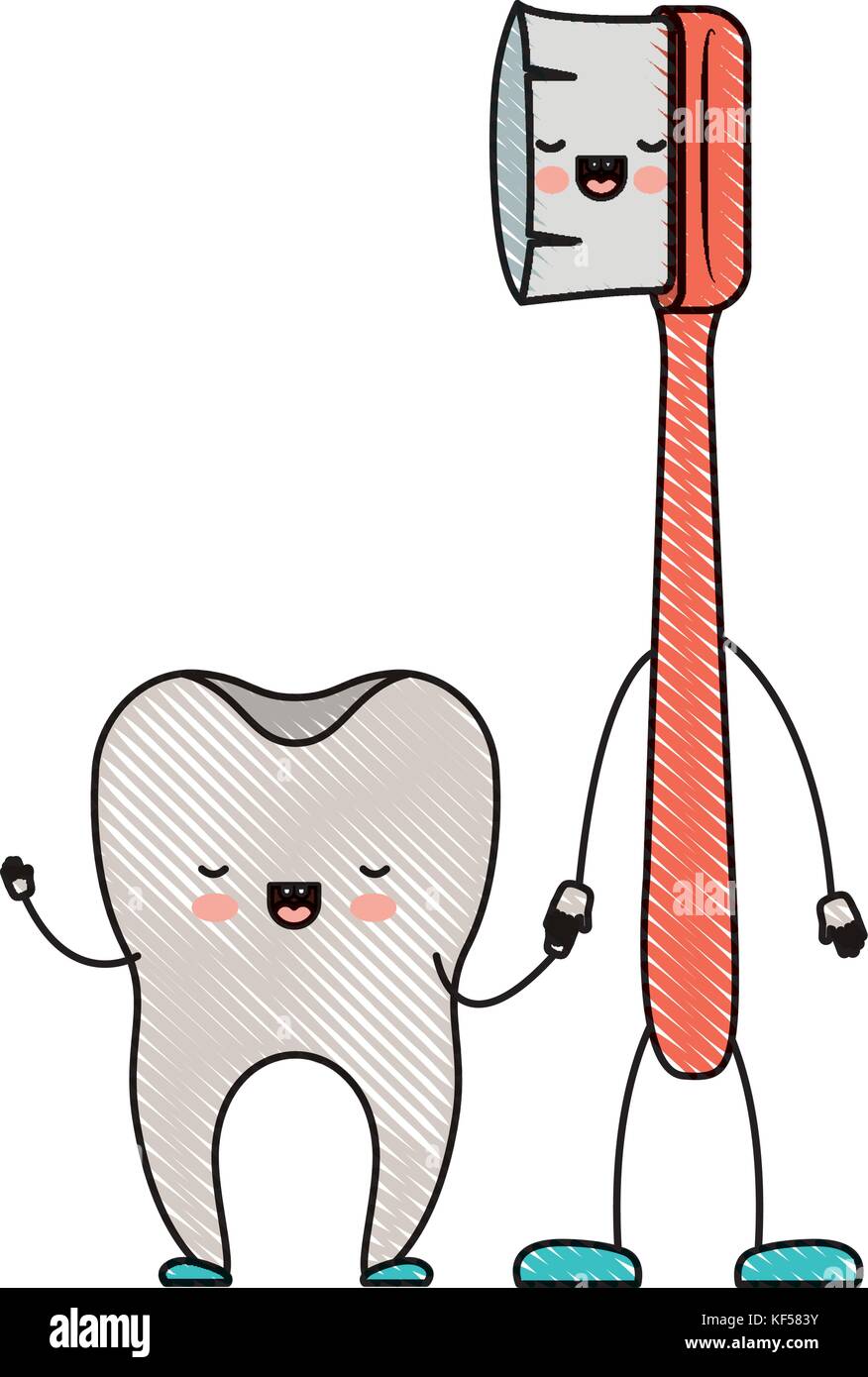 tooth and toothbrush in cartoon holding hands in colored crayon ...
