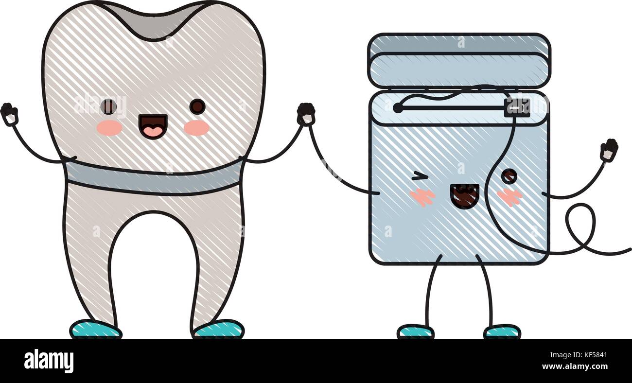implant tooth and dental floss in cartoon holding hands in colored ...
