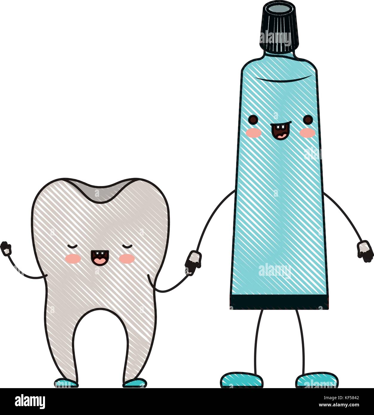 tooth and toothpaste in cartoon holding hands in colored crayon ...
