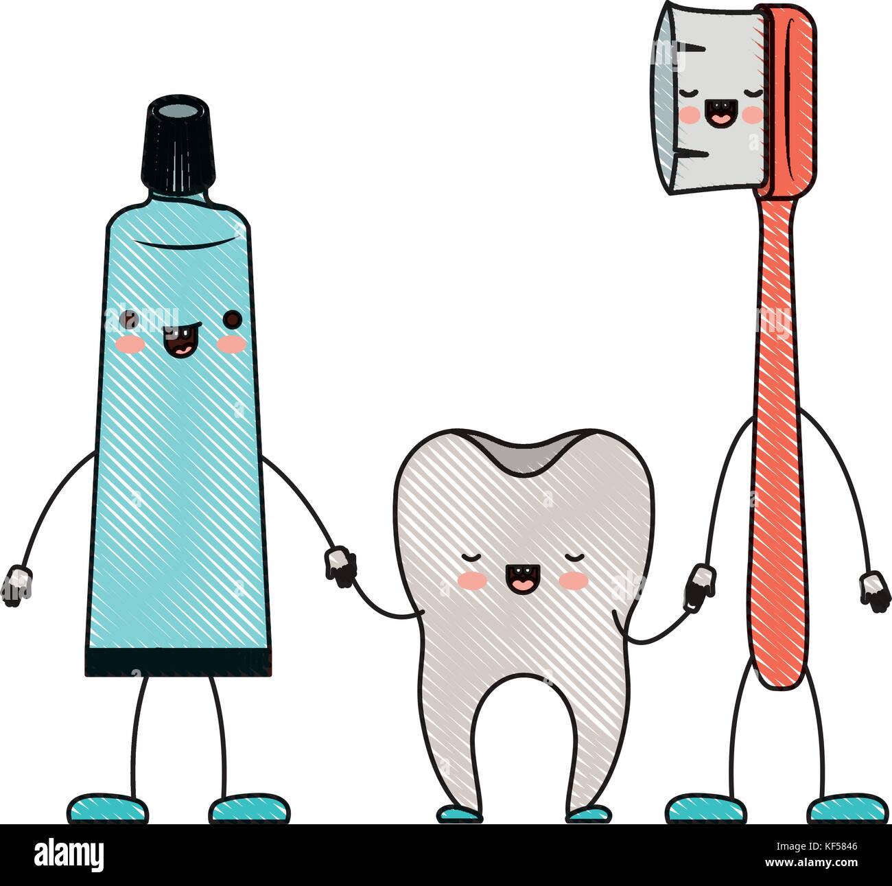 toothpaste and tooth and toothbrush in cartoon holding hands in colored ...