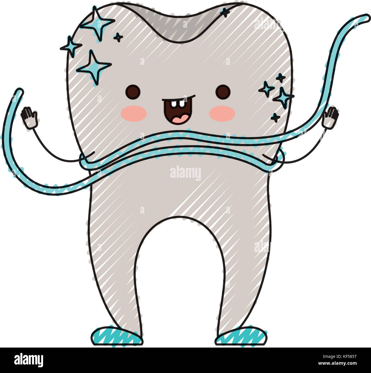 cartoon tooth with dental floss around in colored crayon silhouette ...