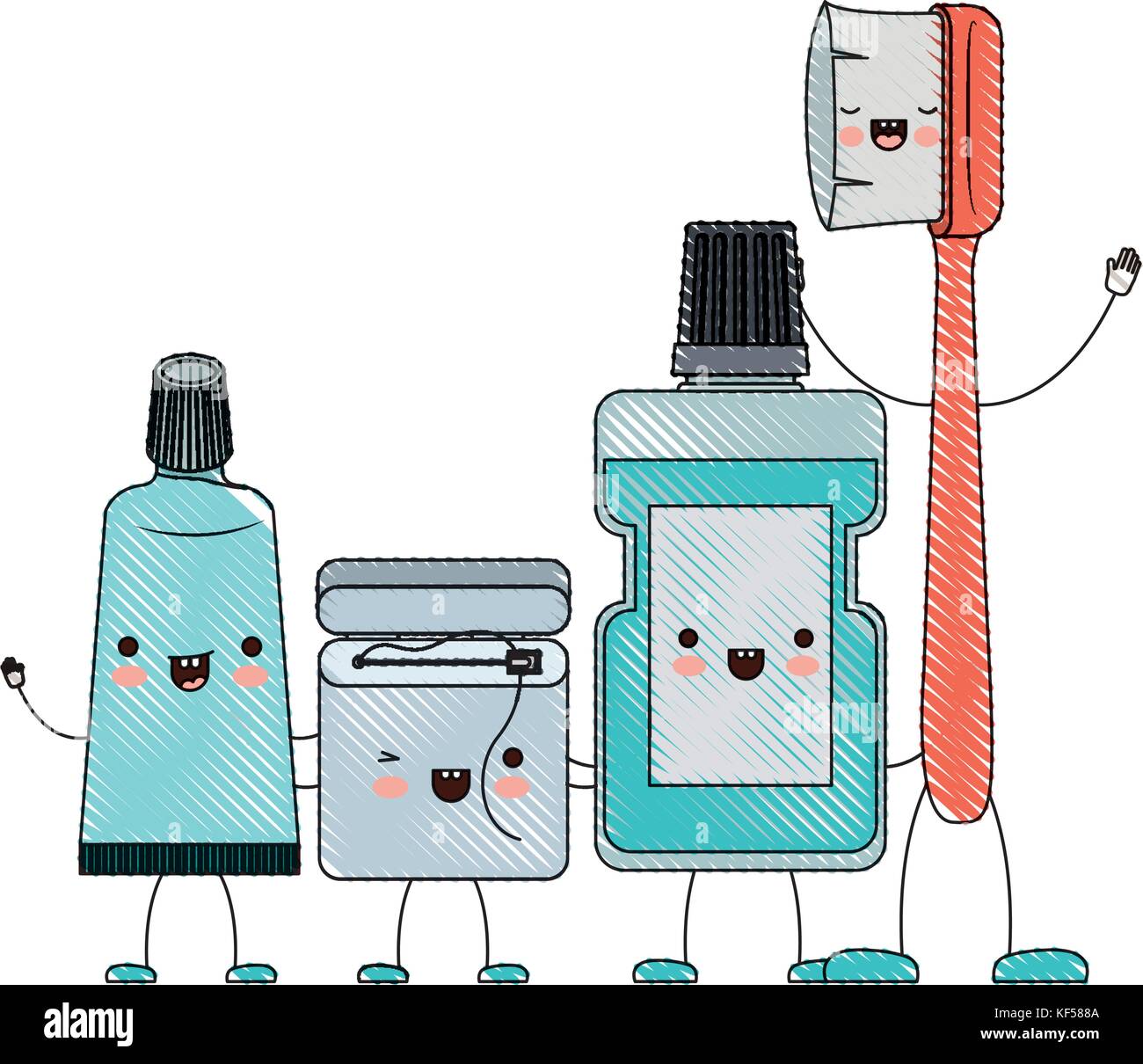 toothpaste and dental floss and mouthwash and toothbrush in cartoon