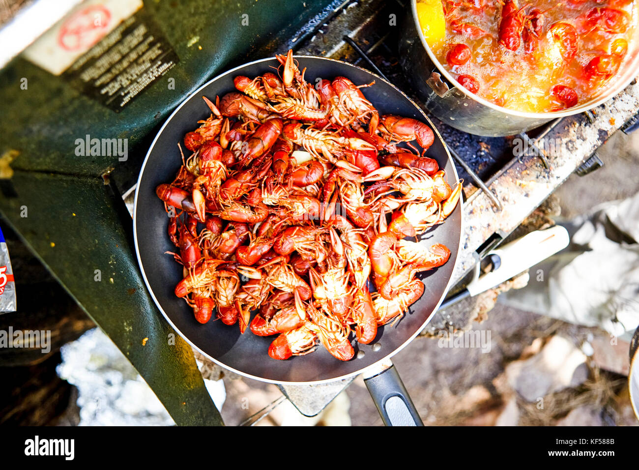 High angle view of seafood being cooked on frying pan Stock Photo