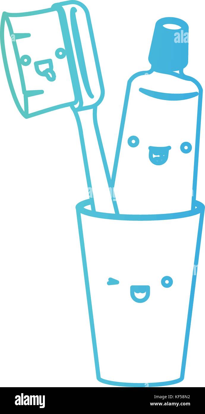 glass with toothpaste and toothbrush female kawaii in degraded green to ...