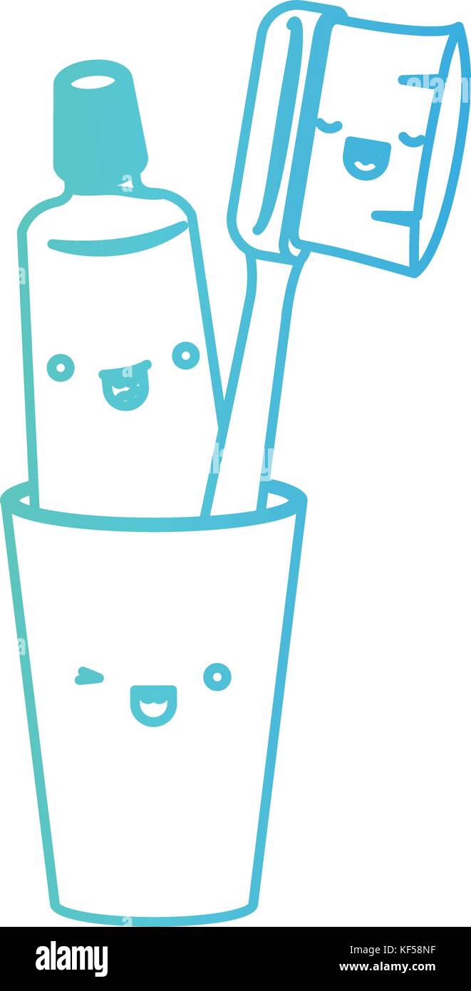 glass with toothpaste and toothbrush male kawaii in degraded green to ...