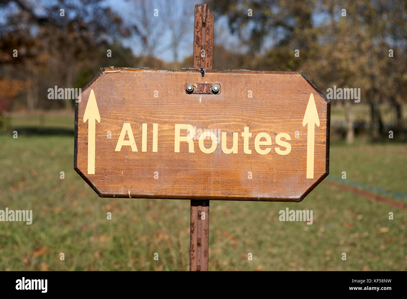 All Routes wooden sign with forward pointing arrows in an open field ...