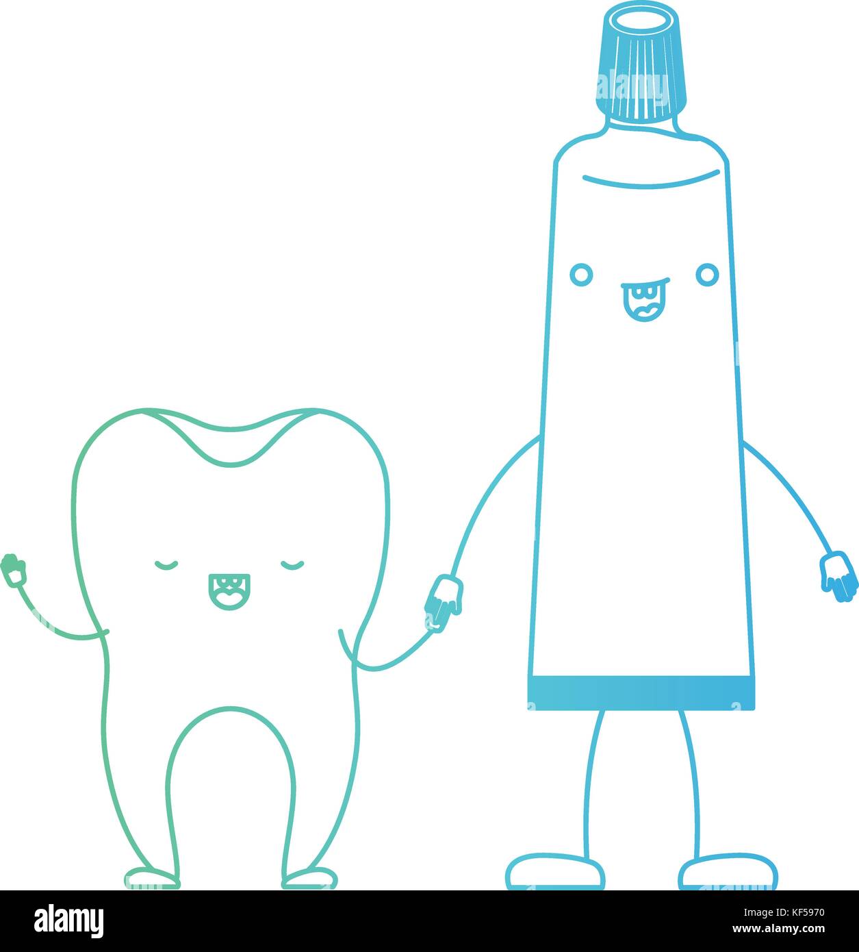 tooth and toothpaste in cartoon holding hands in degraded green to blue ...
