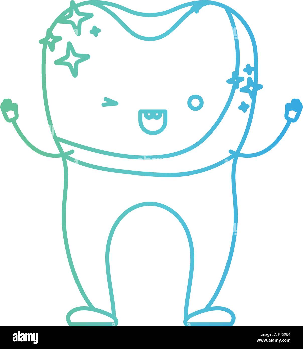 tooth with dental crown cartoon in degraded green to blue color contour