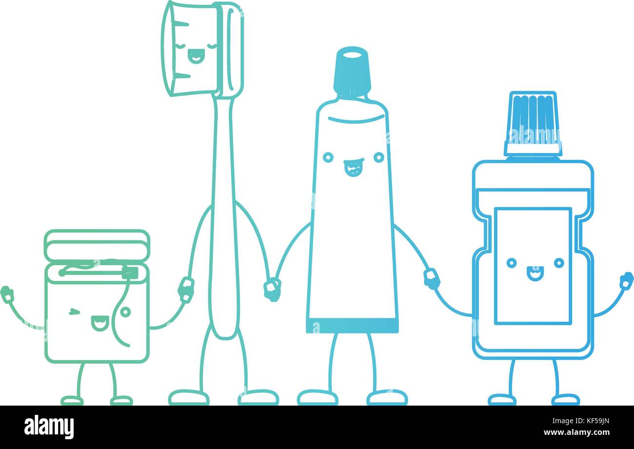 dental floss and toothbrush and toothpaste and mouthwash in cartoon ...