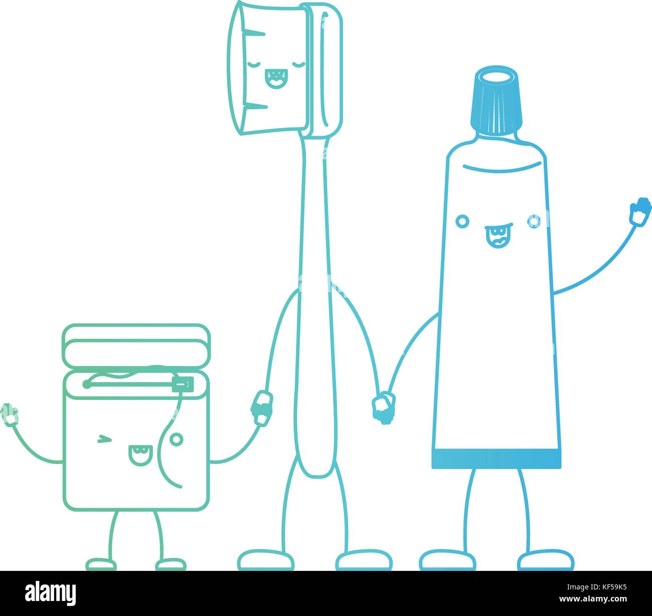 dental floss and toothbrush and toothpaste in cartoon holding hands in ...