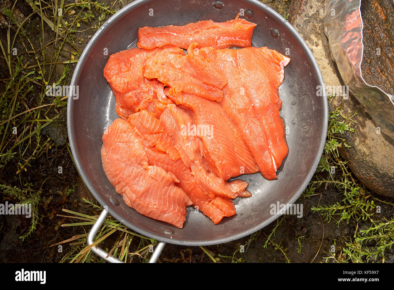 High angle view of fresh fish fillets frying on pan Stock Photo Alamy
