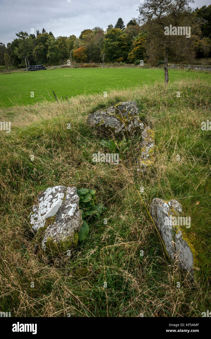 Burial cist on top of Achany Neolithic chambered cairn near Strath Shin, Sutherland, Scottish Highlands, UK Stock Photo