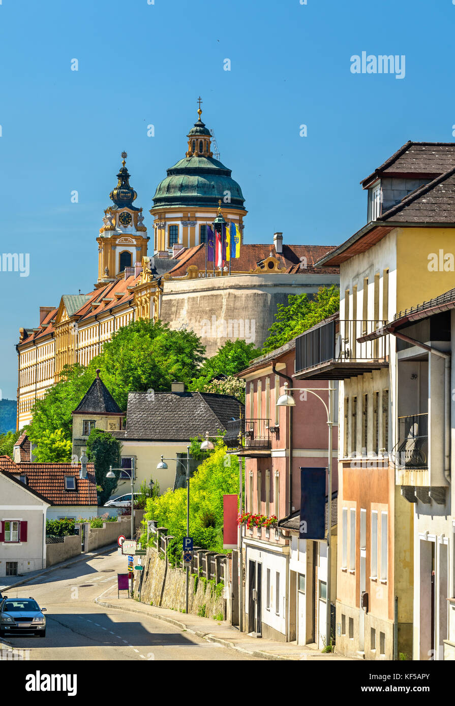 View of Stift Melk, a Benedictine abbey above the town of Melk in Austria Stock Photo