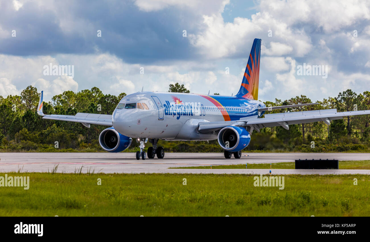 Allegiant commercial passenger airliner taxiing on ground at Punta Gorda Florida airport Stock Photo