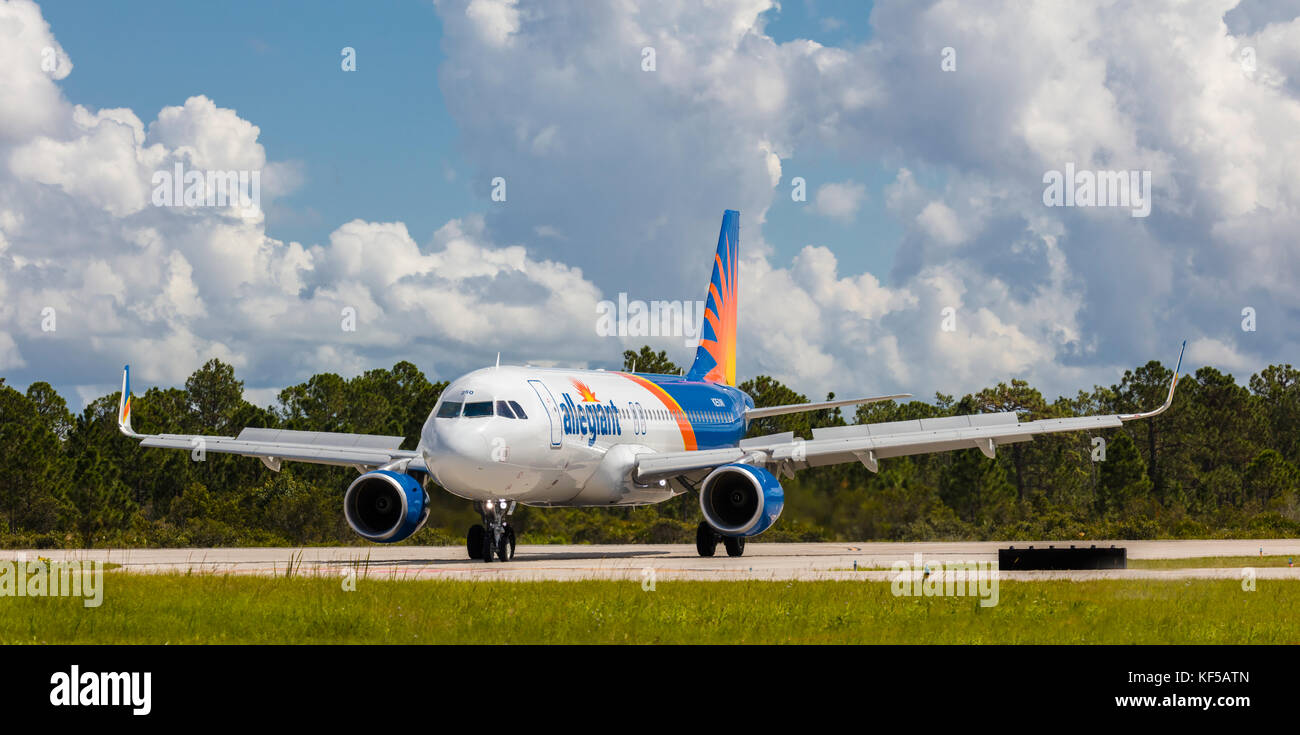 Allegiant commercial passenger airliner taxiing on ground at Punta Gorda Florida airport Stock Photo