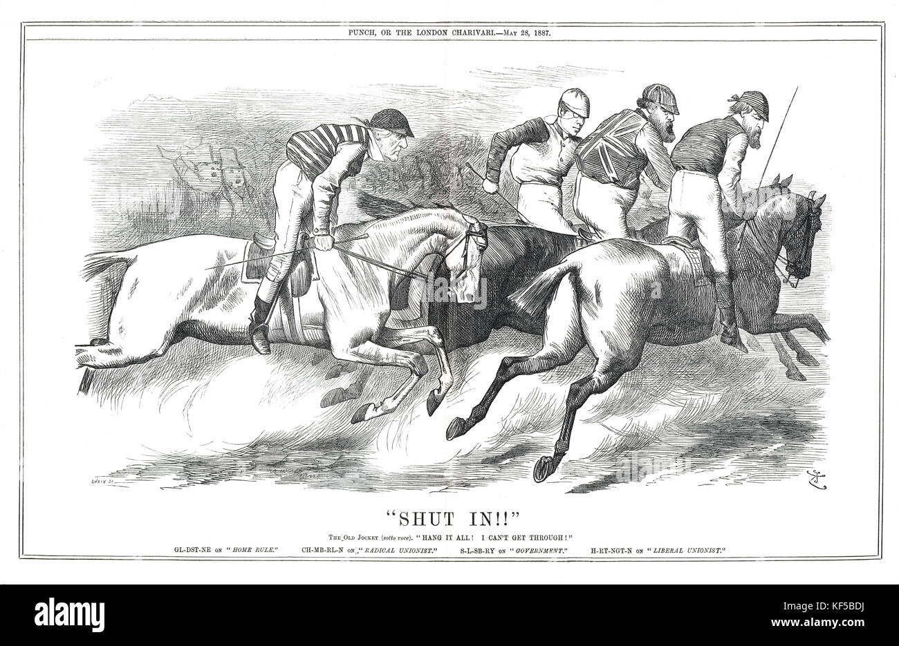 Gladstone on Home Rule, shut in. 1887 Punch cartoon Horse racing analogy showing politicians as jockeys referencing the Liberal party spilt of 1886. Stock Photo