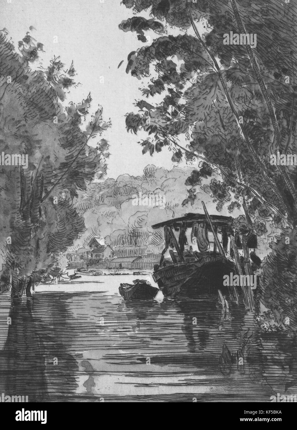 Drawing of boat on seine river, surrounded by trees, 1867. From the New York Public Library. () Stock Photo
