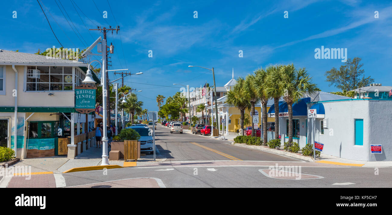 Bridge Street in historic old town district of Bradenton Beach on Anna Maria Island Florida Stock Photo