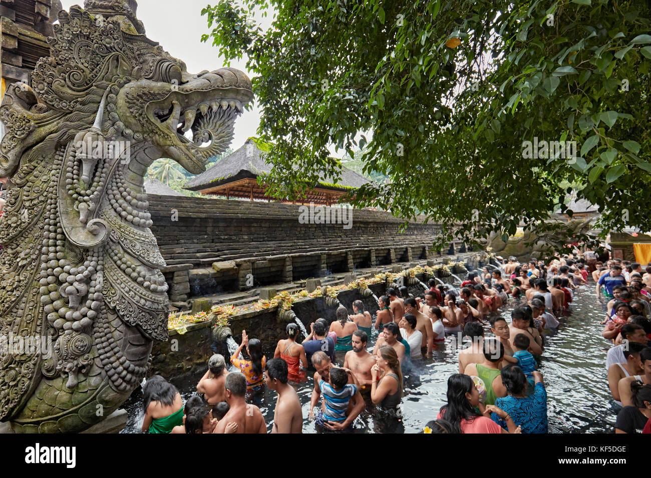 People waiting in line to make ritual purification in the holy spring. Tirta Empul Temple, Tampaksiring, Bali, Indonesia. Stock Photo